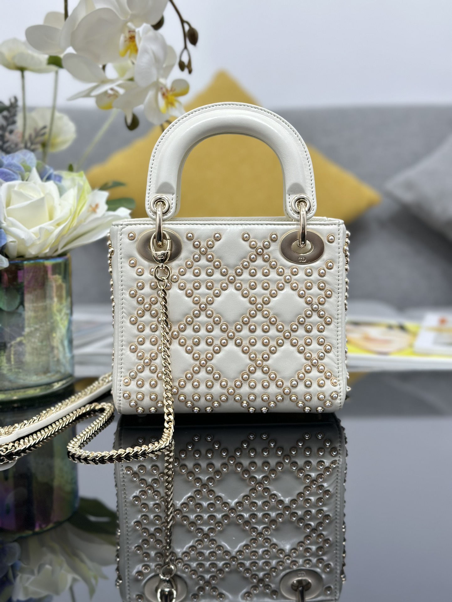 Mini Lady Dior Bag White Calfskin Embroidered with Pearl Nail